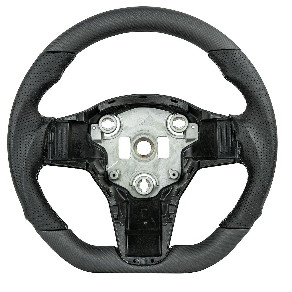 Carbon matte / leather steering wheel Tesla Model 3, grey stitching